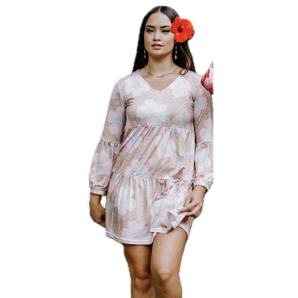 Ola Hou designs Hawaiian Hibiscus Bubble Sleeves Baby Doll Tiered Dress S - Picture 2 of 6